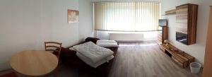 Wohn- und Schlafbereich der Ferienwohnung mit Bett, Tisch und Schrankwand
